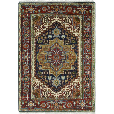 Tapis oriental en laine rouge / bleu foncé / beige / vert Heriz