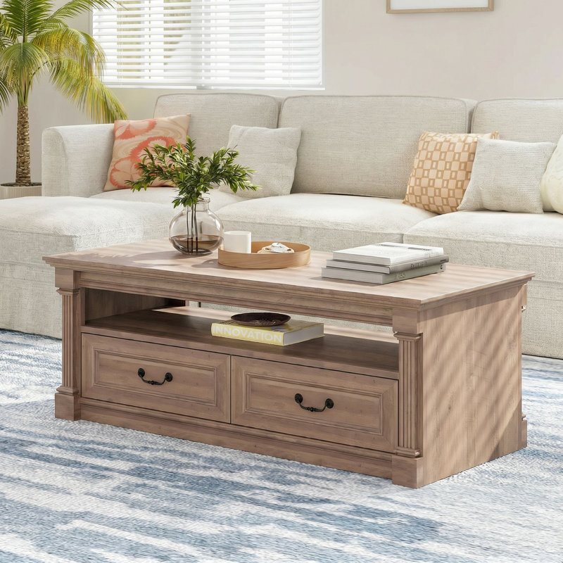 Table basse traditionnelle américaine l 48 po - Plateau de table rectangulaire en bois avec tablier droit, finition naturelle lisse - Table de salon classique