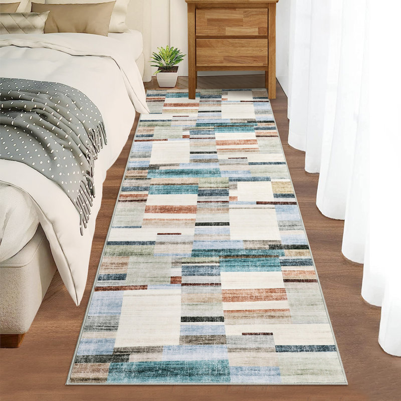 Modern Geometric Machine Washable Rug with Non-Slip Backing Non-Shedding Contemporary Accent Carpet Soft Low Pile Floor Cover for Living Room