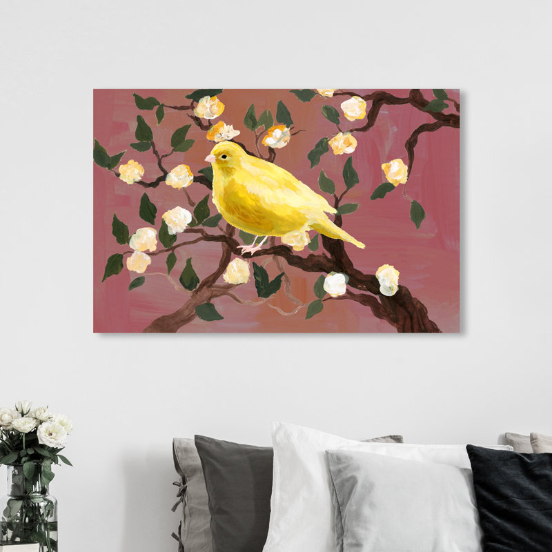 Reproduction d’art graphique sur toile « Animals Yellow Bird Bloom », Cadre flottant blanc, H 36 po x l 54 po x P 1,5 po