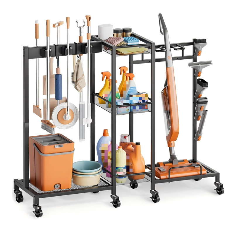 Broom Holder With Cleaning Supplies Organizer, Broom Closet Storage Cabinet With Cleaning Caddy Vacuum Stand, Cleaning Cart With Mop Hanger Gripper Rack Hook, Laundry Room Organization Home Essentials
