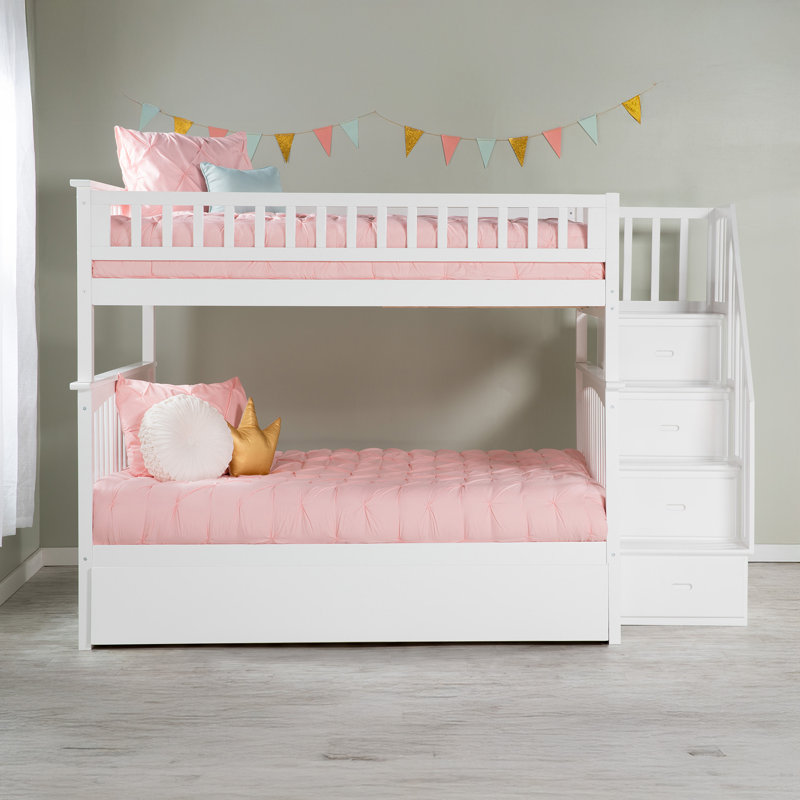Blaisdell Solid Wood Staircase Kids Bunk Bed with Roll Out Trundle, Full Over Full, White