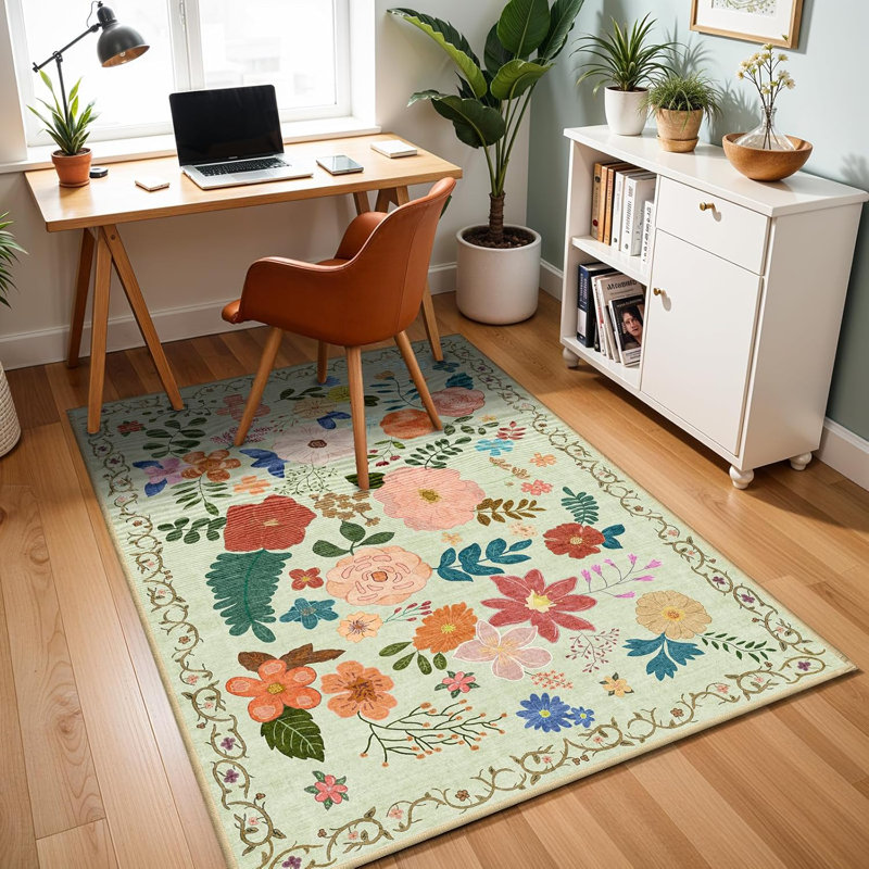 Washable Rug 3x5 Area Rugs: Soft Ultra Thin Low Pile Mat Machine Washable Indoor Doormat Lightweight Entry Rug Anti Slip Backing Rugs for Living Room Bedroom Kitchen 3'x5' Green Floral