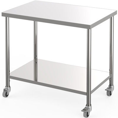 Heavy Duty 2-Tier Stainless Steel Commercial Work Table – Adjustable Shelf, NSF Certified, Mobile Prep Table for Restaurant, Kitchen, Garage – Silver, With Casters, 36"x24"x35"