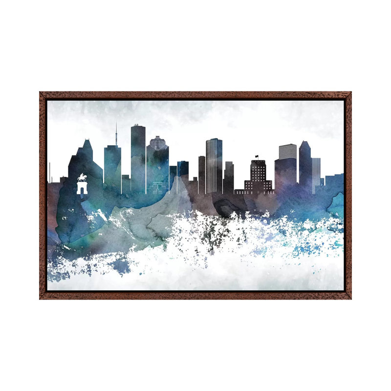 Houston Bluish Skylines - Print on Canvas, 66.04cm H x 101.6cm W x 3.81cm D, Classic Brown Wood Framed