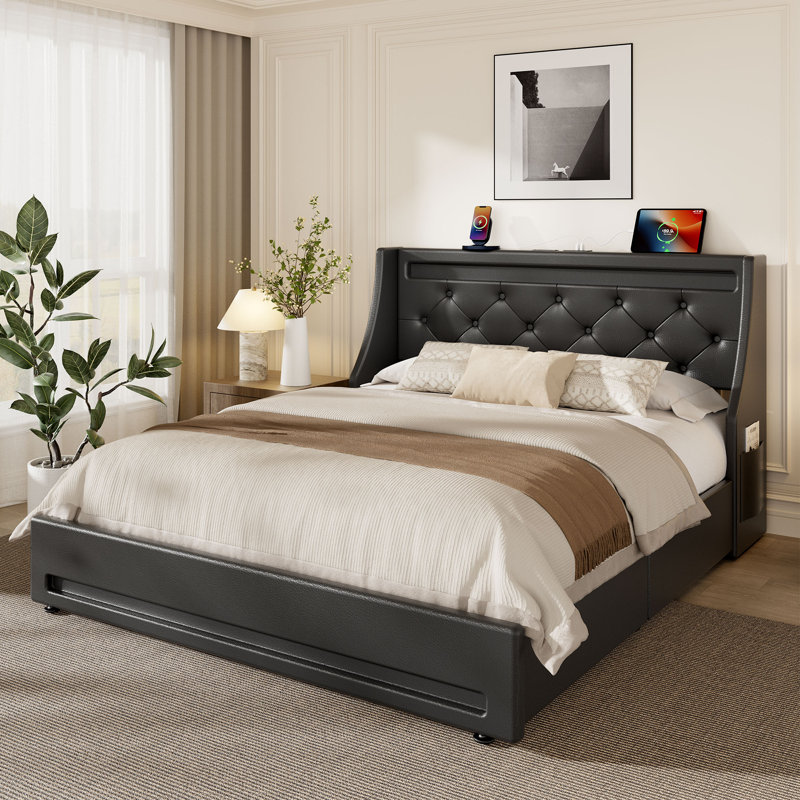 Upholstered Platform Bed Frame with Wingback Headboard & LED Lights& 4 Storage Drawers, Queen, Black