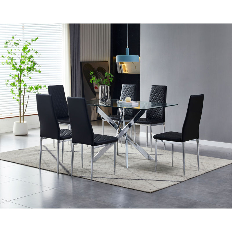 Tianee Black PU Leather Lattice Design Dining Side Chair(Set of 6), 6