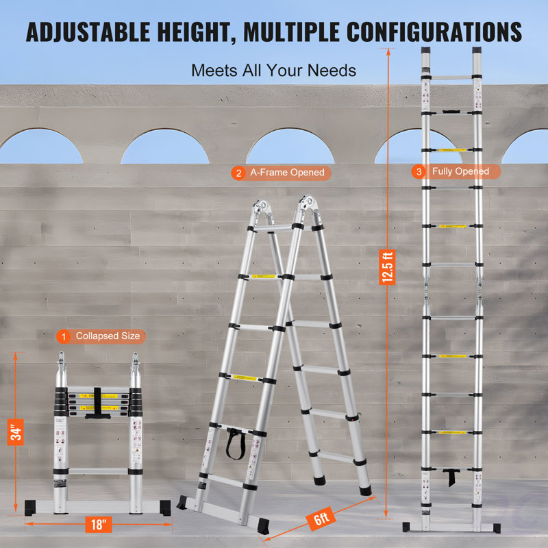 Telescoping Extension Ladder 12.5FT A-Shape W/ Stabilizer Bar For RV