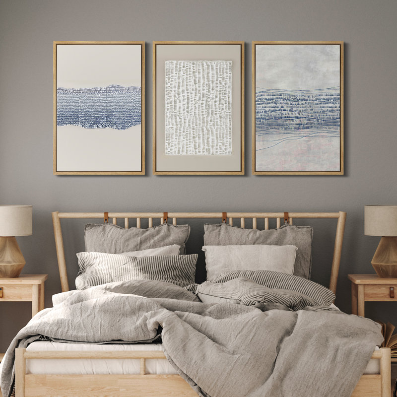 Geometric Line Blue Grunge Abstract Modern Neutral Pictures Frame Canvas 3 Piece Print Wall Art, Natural Framed