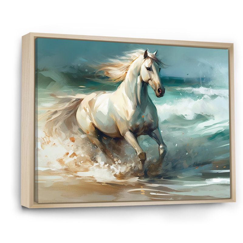 Cheval sur la plage II - art mural cheval pour le salon, H 34 po x l 44 po, Cadre naturel flottant