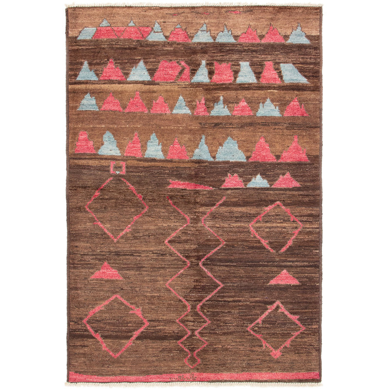 Tapis unique brun foncé / rose en laine noué à la main style bosses des années 2010 de 5 pi 4 po x 7 pi 10 po Brima