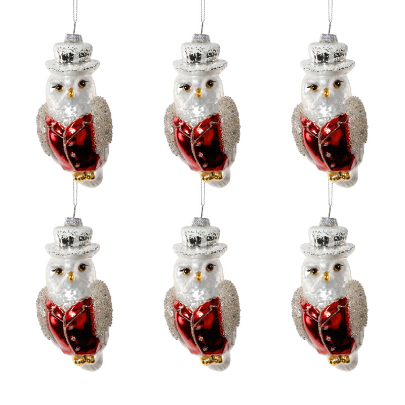 Ornements de Noël en verre en forme de hibou avec chapeau haut-de-forme, ensemble de 6