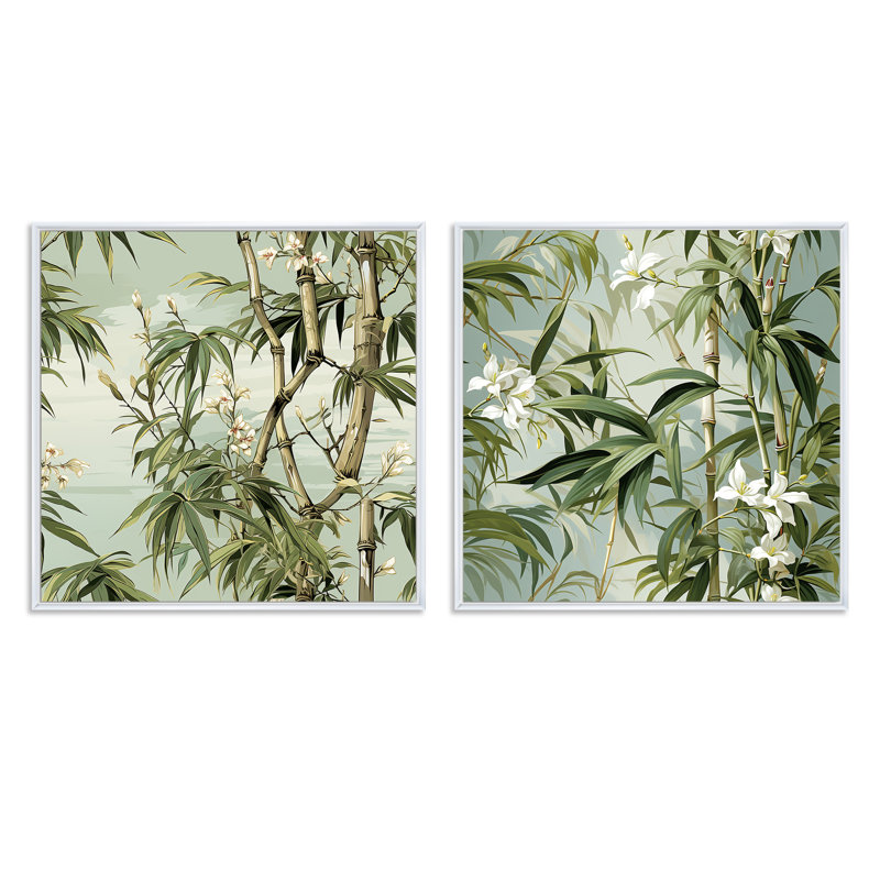 Bamboo Elegance - motif tropical - ensemble de 2 collages carrés tropicaux, Cadre flottant blanc, H 30 po x l 61 po