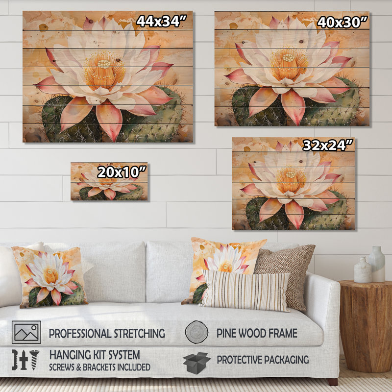Fleur de cactus du désert du Nevada - Art mural traditionnel en bois sur bois de pin naturel, H 24 po x l 32 po