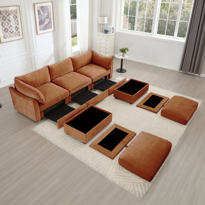 Canapé en U à assise profonde et canapé à 3 places avec repose-pieds, canapé à 3 places avec 2 repose-pieds mobiles, canapé modulaire surdimensionné avec tiroir de rangement sous chaque siège, orange chenille