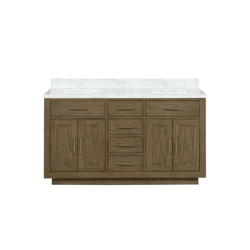 Ensemble de meuble-lavabo double 60 po, Chêne gris, Marbre de Carrare blanc