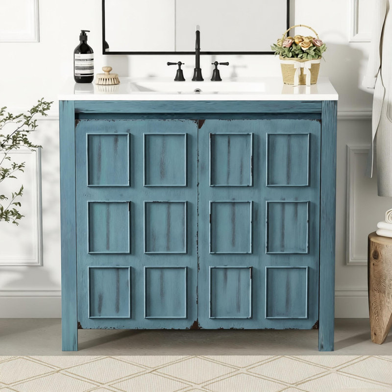 Organisateur de meuble-lavabo 36 po avec lavabo en céramique et portes réglables, Bleu rétro