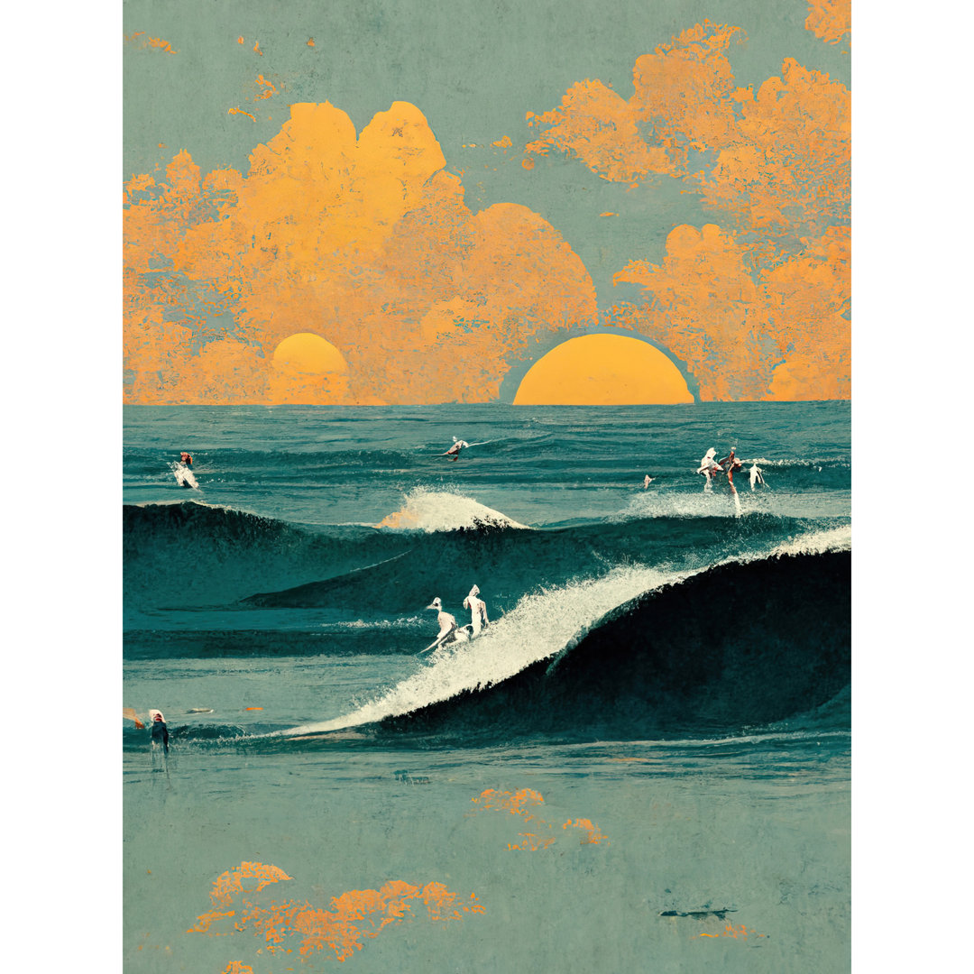 Surfers Surfing Chasing Waves Sunset Abstract - Print