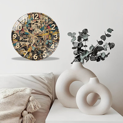 12-Inch Silent Tempered Glass Wall Clock, " Collage  Face Numbered Fragments ” Silent Non-Ticking Clock, Battery Operated (AA Batteries Not Included), Artistic Home Decor
