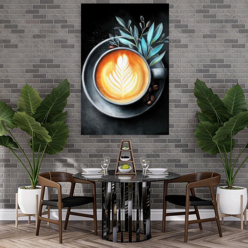 «Latte Art» et feuilles bleues abstraites, plante contemporaine, art mural, H 60 po x l 40 po