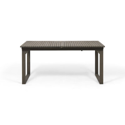 Table de salle à manger extensible pour l'extérieur en bois gris avec pieds en forme de U et plateau de table à lattes, extension du cadre de l'assemblage requis pour une salle à manger spacieuse