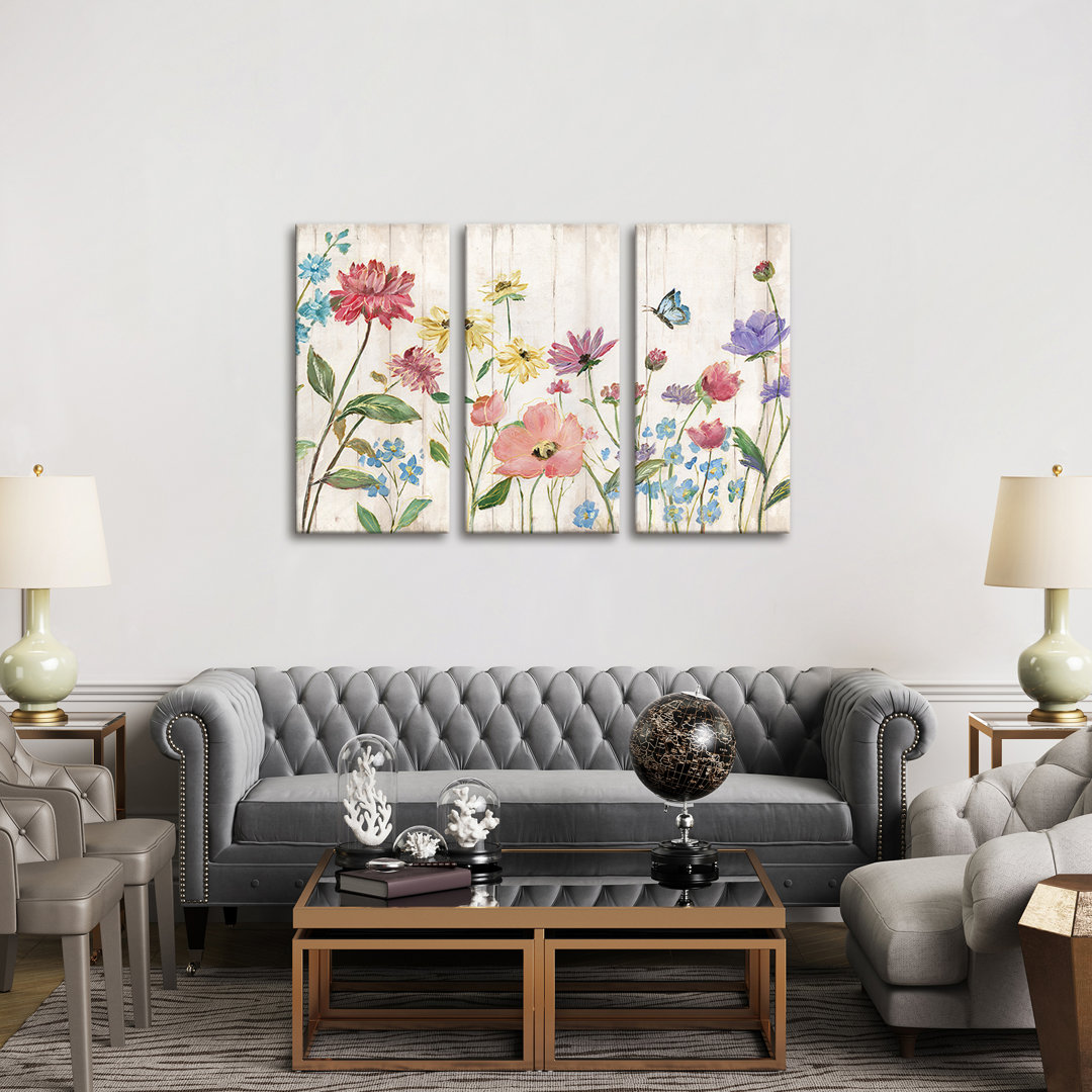'Wildflower Flutter on Wood' Graphic Art Multi-Piece Image on Wrapped Canvas