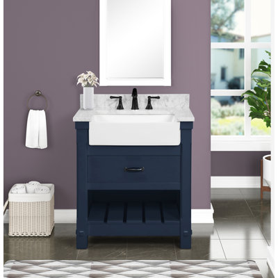Meuble-lavabo simple Farmington de 30 po avec comptoir en marbre naturel de Carrare de qualité supérieure, bleu marine, pré-assemblé