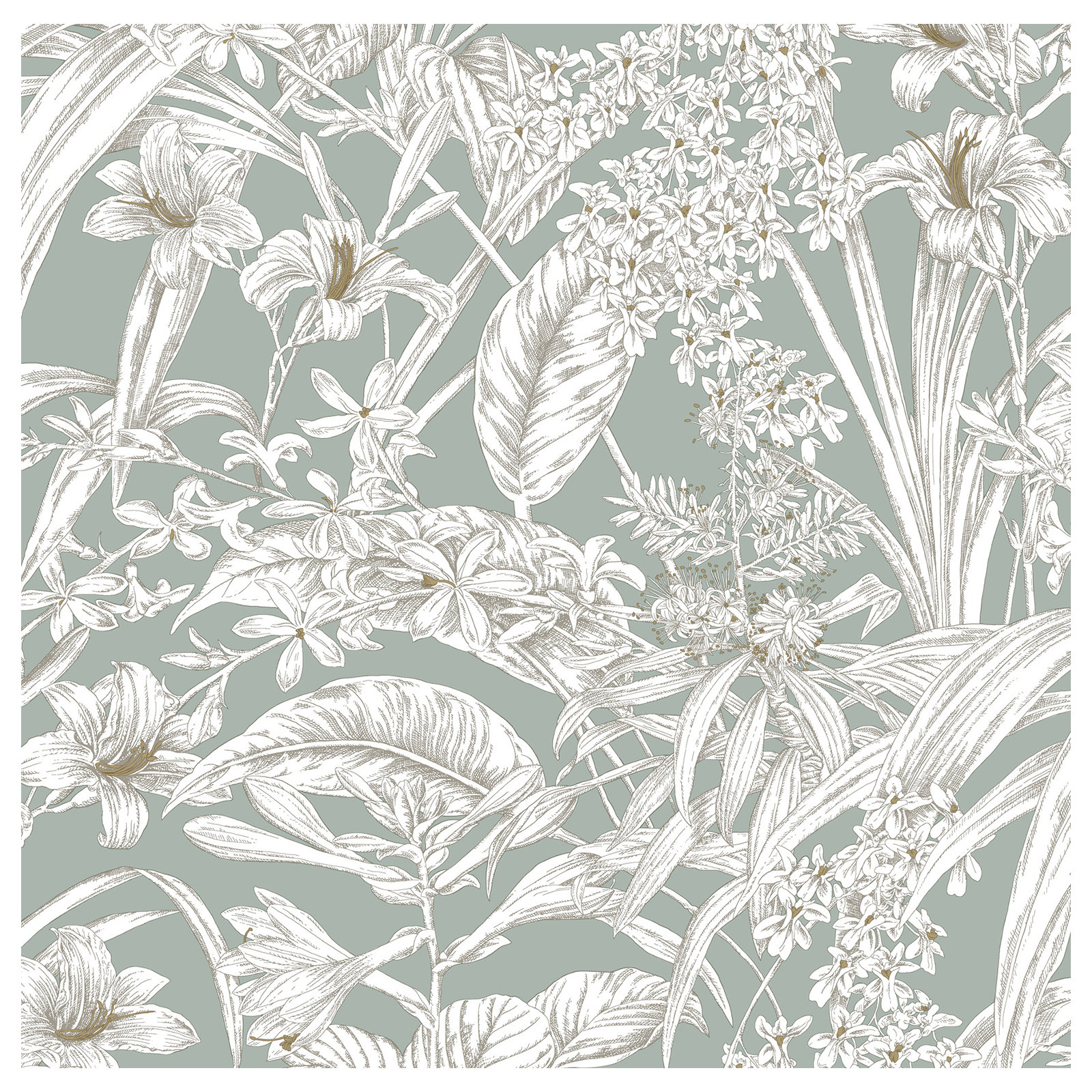 Conservatory Toile Floral,Solids Wallpaper, Seamist & Taupe