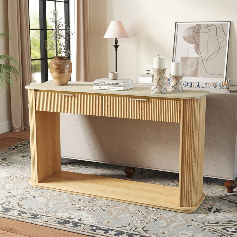 Console cannelée avec plateau en faux travertin, table de canapé d'entrée de 63 po avec garniture or rose, 2 tiroirs et tablette ouverte, table d'appoint de couloir moderne pour le salon