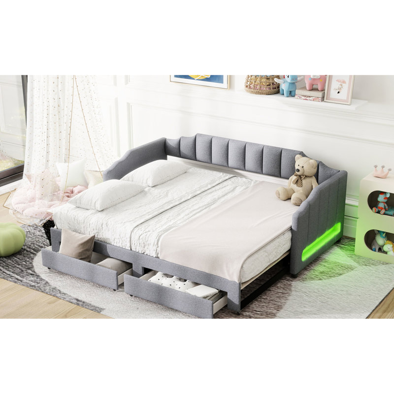 Gray Extendable Upholstered Twin Xl To King Daybed With Led And Storage Drawers, Comfort - Filled Size Design, Two Pine Wood Construction