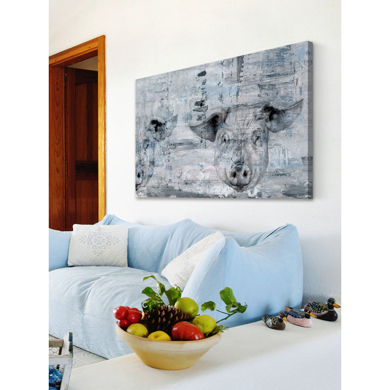 Blue Pigs by Parvez Taj - Wrapped Canvas Painting, 30cm H x 45cm W x 3.81cm D