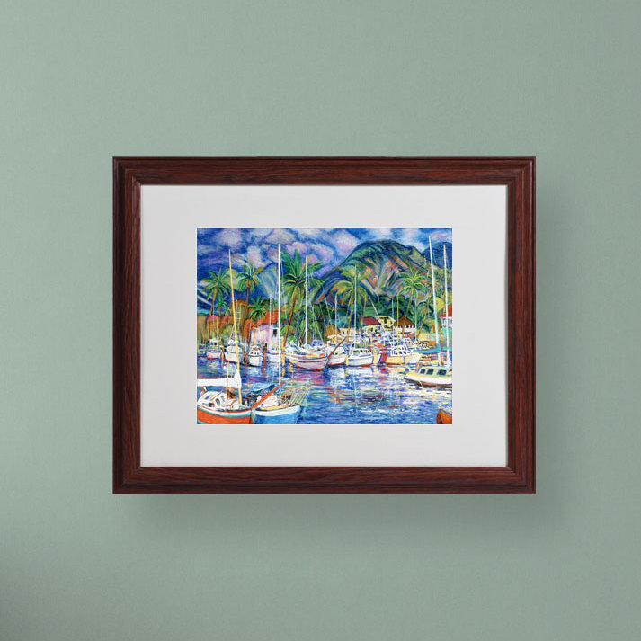 Lahaina Marina Framed Canvas Art with Dark Wood Frame