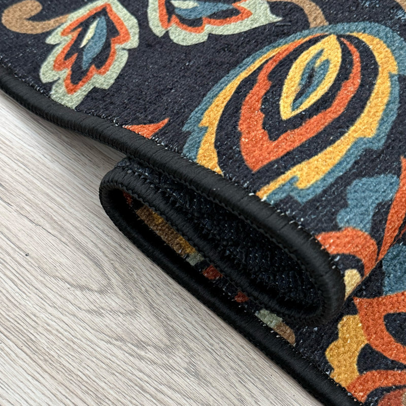 Custom Size Machine Printed Oriental Floral Black Design Runner Rug by Feet, Runner 2'2" x 25'
