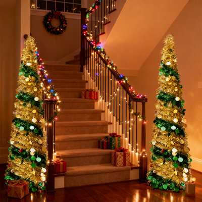 5ft Pop Up Christmas Tinsel Tree with Stand Decor Sea Gorgeous Collapsible Artificial Christmas Tree Pencil Tree for Holiday Xmas Decorations Indoor Outdoor, Set of 2