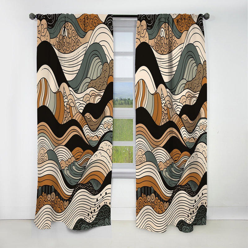 Brown Black Line Art Elegance I - Shapes Curtain - Blackout Abstract Curtain - 1 Panels, 52" W x 84" L