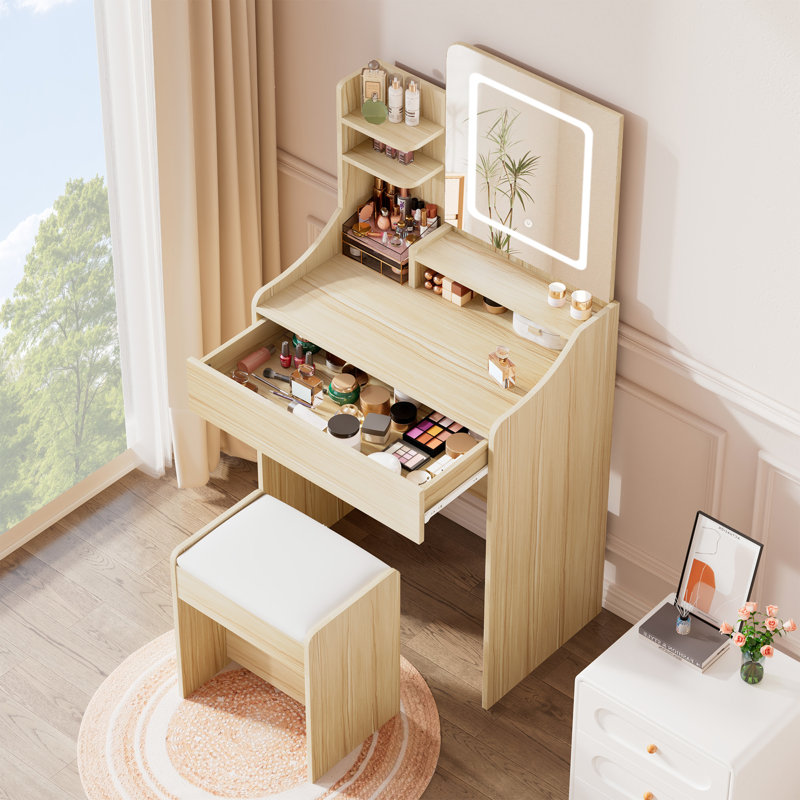 Bureau de maquillage avec tabouret, miroir et lumière, Bois clair