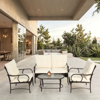 Ensemble de mobilier d'extérieur 4 pièces, ensemble de conversation en osier pour terrasse, canapé en rotin brun avec coussin (canapé de patio)