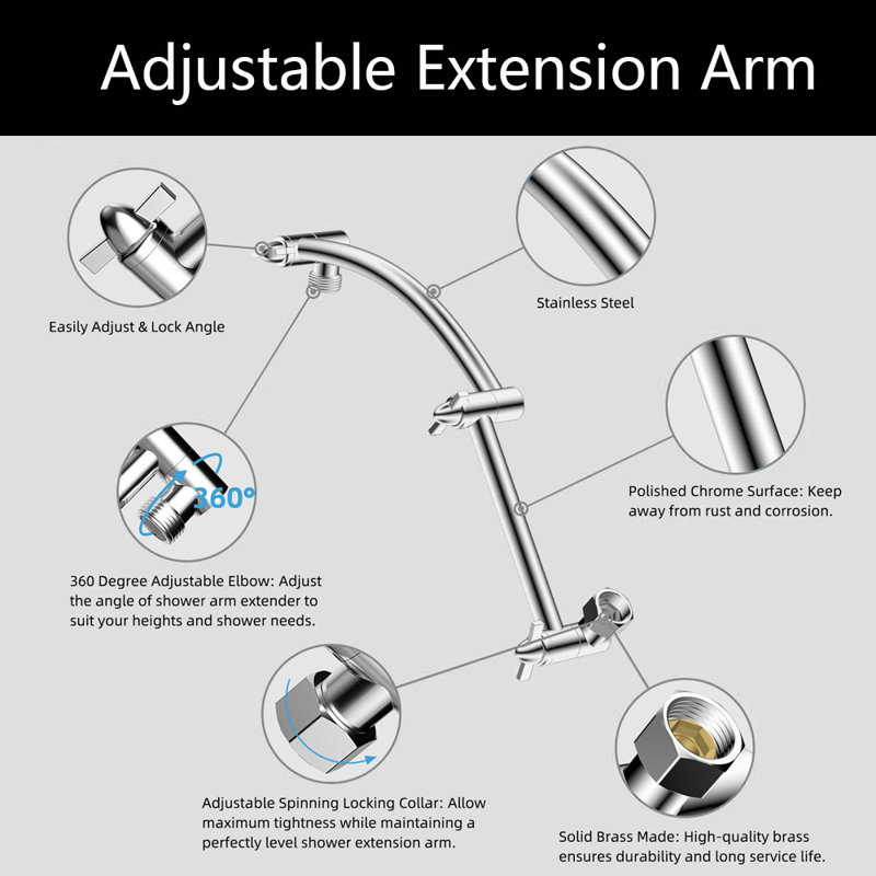 13'' High Pressure Rainfall Square 5 Spray Mode Showerhead With 16" Shower Head Extension Arm, Chrome