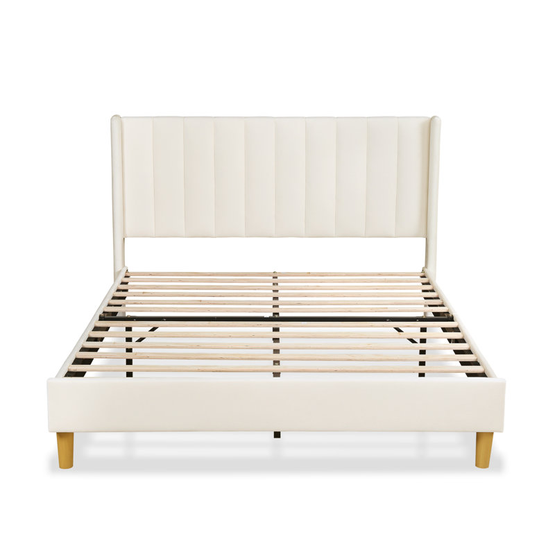 Eriksay Low Profile Upholstered Platform Bed with Wingback Headboard, Full/Double, Cream Velvet