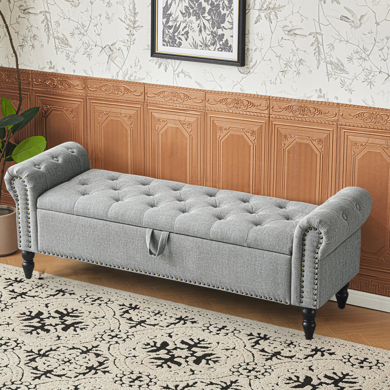Banc de rangement de luxe Mid-Century Morden de 63 po de largeur avec accoudoirs, Gris clair, Noir