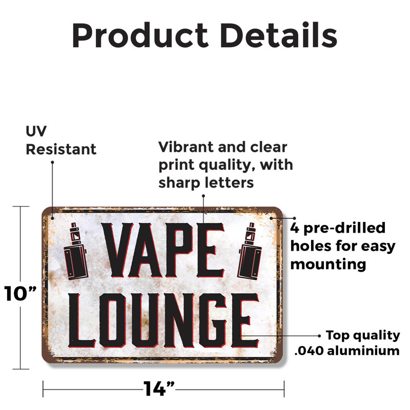Enseigne fantaisie en aluminium 12 po x 18 po Vape Lounge, H 10 po x l 14 po x P 0,1 po