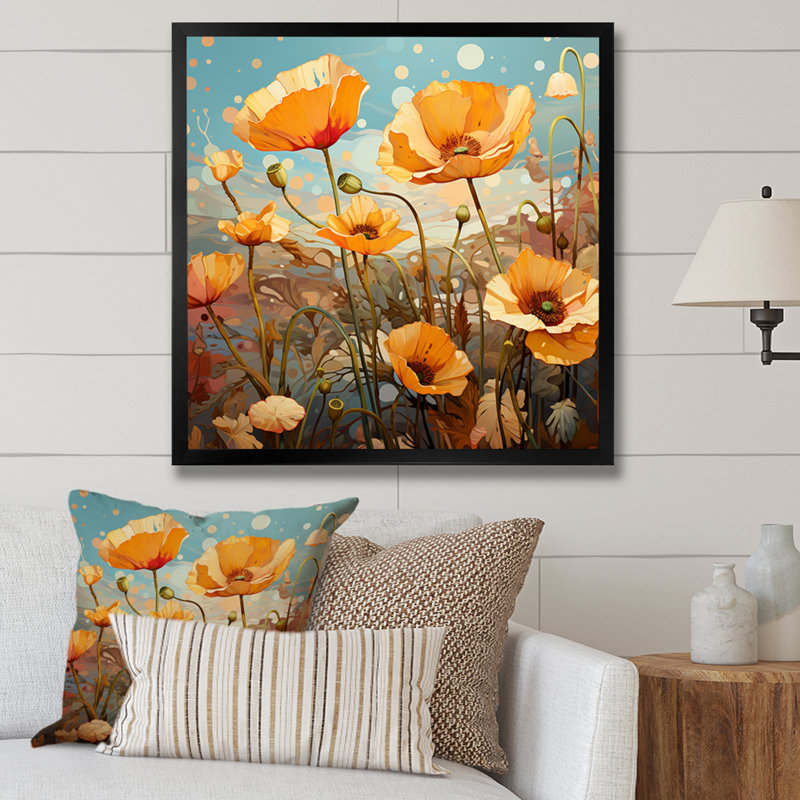 Jaune et vert Poppy Meadows 1 - coquelicots, art mural, H 30 po x l 30 po x P 1,5 po, Cadre flottant noir