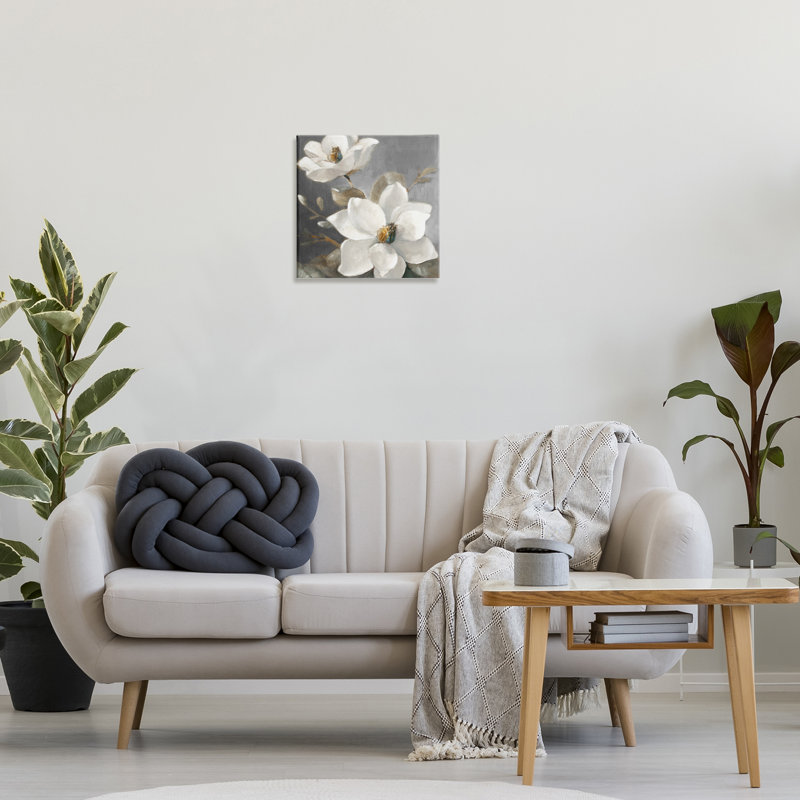 Magnolias sur toile grise, art mural par Lanie Loreth, H 17 po x l 17 po