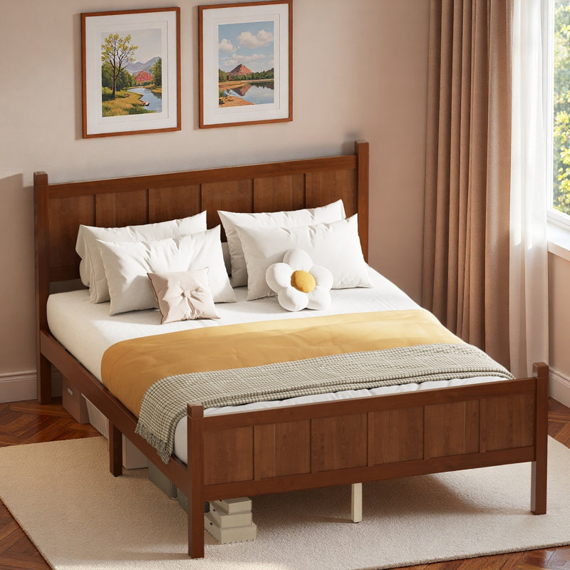 Lit plateforme moderne avec tête de lit et pieds robustes, Double, Noyer foncé