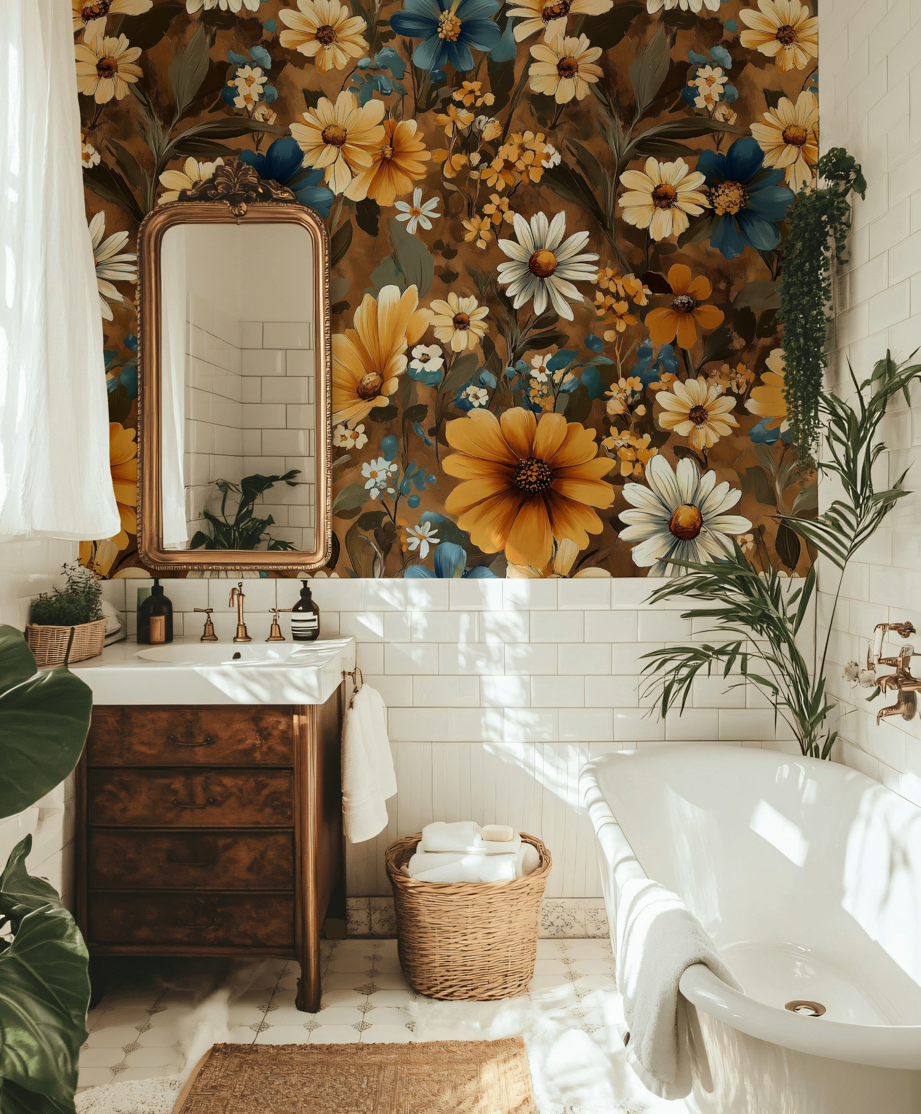 Charlton Home® Earthy Daisy Floral Wallpaper Warm Rustic Wall Mural ...