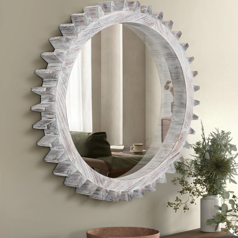 42'' X Antique White Washed Gear Mirror - For Living Room, Bathroom, Entryway Decorative Elegant Decor For