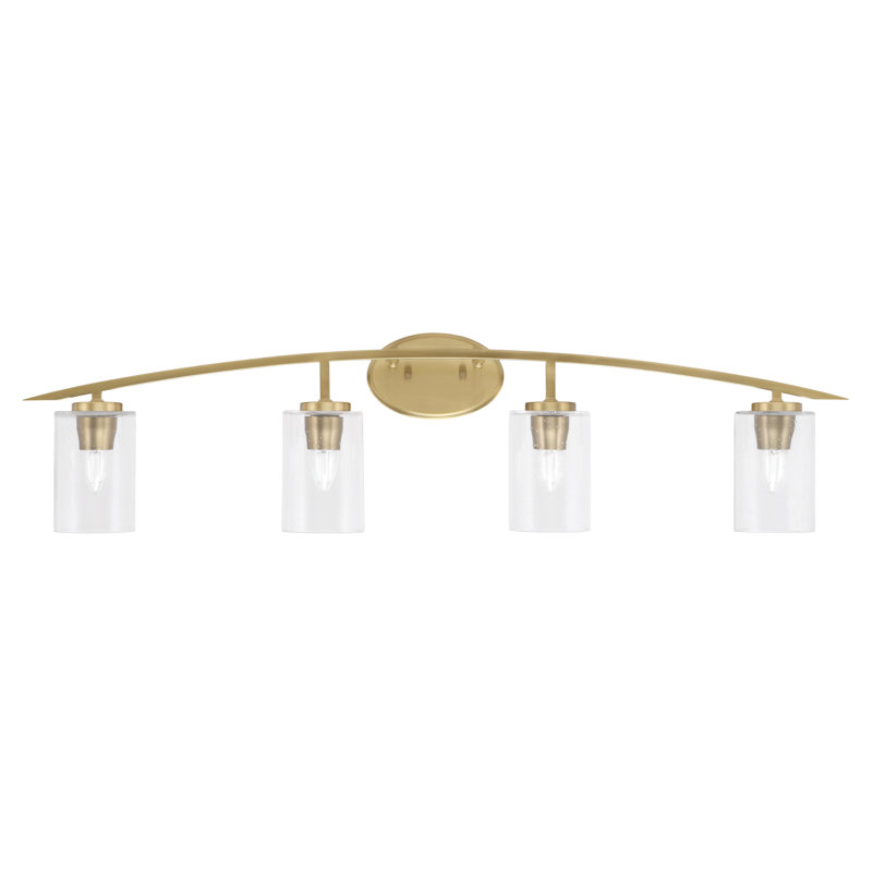 Kurve 4 Light Bath Bar Shown In New Age Brass Finish With 4" Bubble Glass, Clear