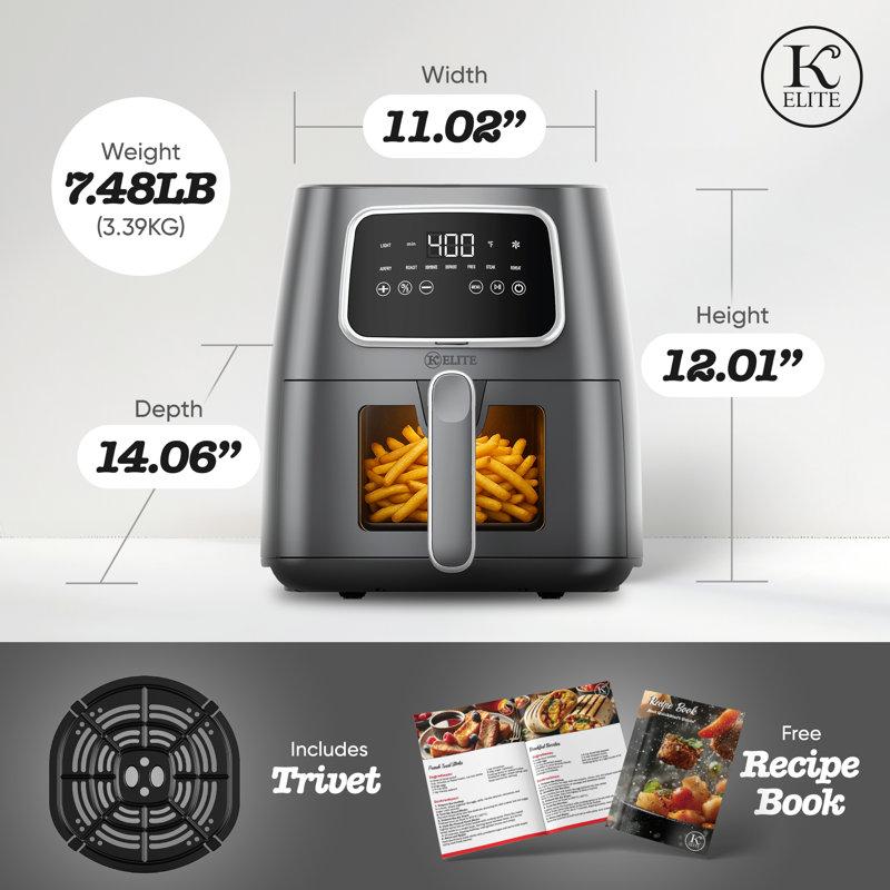 Kitchen Elite 5.5 Qt. Digital Air Fryer, Countertop Cooker with LED Screen, Grey, Gray