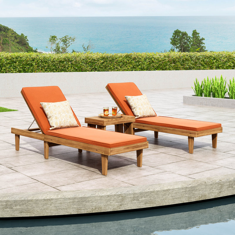 Chaise longue inclinable en acacia avec coussins et table de 78,75 po Morell, Orange rouillé, Teck