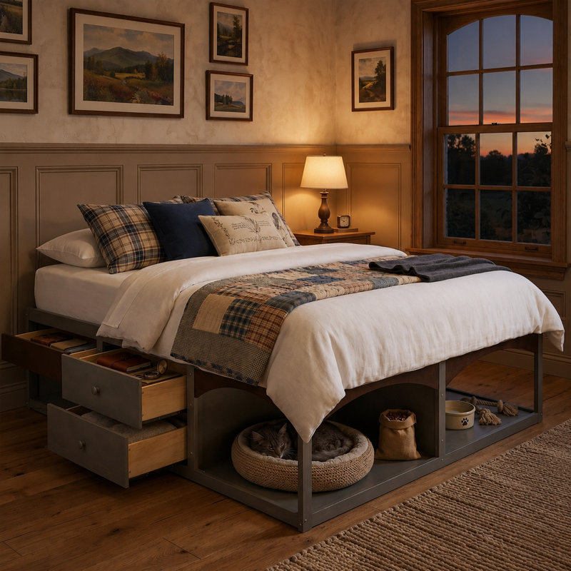 Très grand lit plateforme rétro gris minimaliste sans tête de lit, avec tiroirs et bande lumineuse à DEL, conception adaptée aux animaux de compagnie sans base de lit.